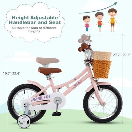 Image of BABY JOY Retro Kids Bike, 12 14 16 18 Inch Child Bike for 3-8 Years Old w /Rattan Basket, Adjustable Height, Training Wheels, Fenders, Handbrake Coaster Brake, 95% Pre-Assembled Kids Bicycle for Girls