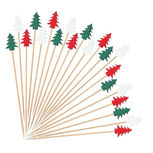 100 Pcs Christmas Cocktail Picks 5.12 Inch Holiday Bamboo Party Fruit Sticks 3 Color Pinetree Decorative Toothpicks for Food Drink Dessert Appetizers