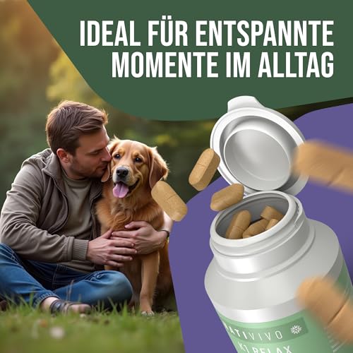 NatiVivo K1 Relax Komplex Beruhigungsmittel für Hunde mit L-Tryptophan Baldrian Hanfsamenöl. Entspannung bei Angst, Stress & auf Reisen - Unterstützt Ruhe, Gelassenheit & Ausgeglichenheit im Alltag