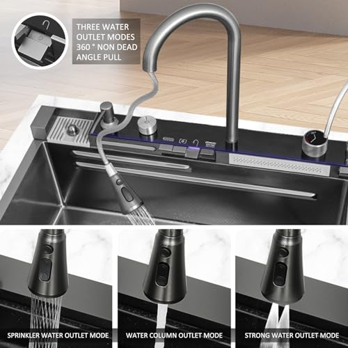 Évier de cuisine à commande piano et cascade intégrée en acier inoxydable