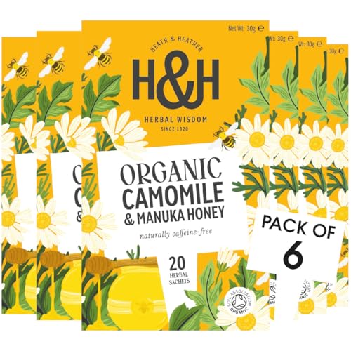 Heath & Heather - Organic Camomile with Manuka Honey • Soothing Floral Tea with Natural Sweetness • Caffeine-Free • Vegan • Multipack 6 x 20 Boxes (120 Tea Bags)