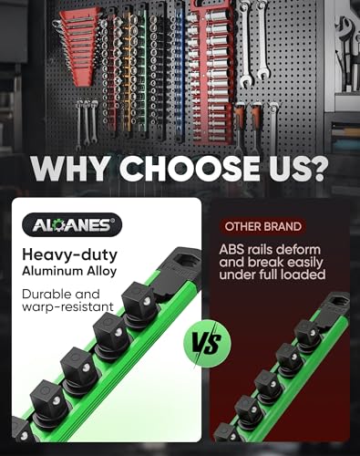 Image of ALOANES Magnetic Socket Organizer Set, 1 /4-Inch Drive Heavy Duty Aluminum Socket Rail Organizer, 360 Swivel Clips Socket Holder Kit for Toolbox Drawer Fit 1 /4-Inch x 14 Clips (Green, 1PC)