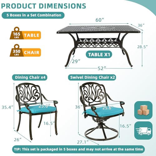 Image of MEETWARM 7-Piece Outdoor Patio Dining Set, All-Weather Cast Aluminum Patio Conversation Set with 2 Swivel Rocker Chairs, 4 Stationary, 1 Rectangular Table, 6 Cushions, 2 inch Umbrella Hole, Ocean Blue
