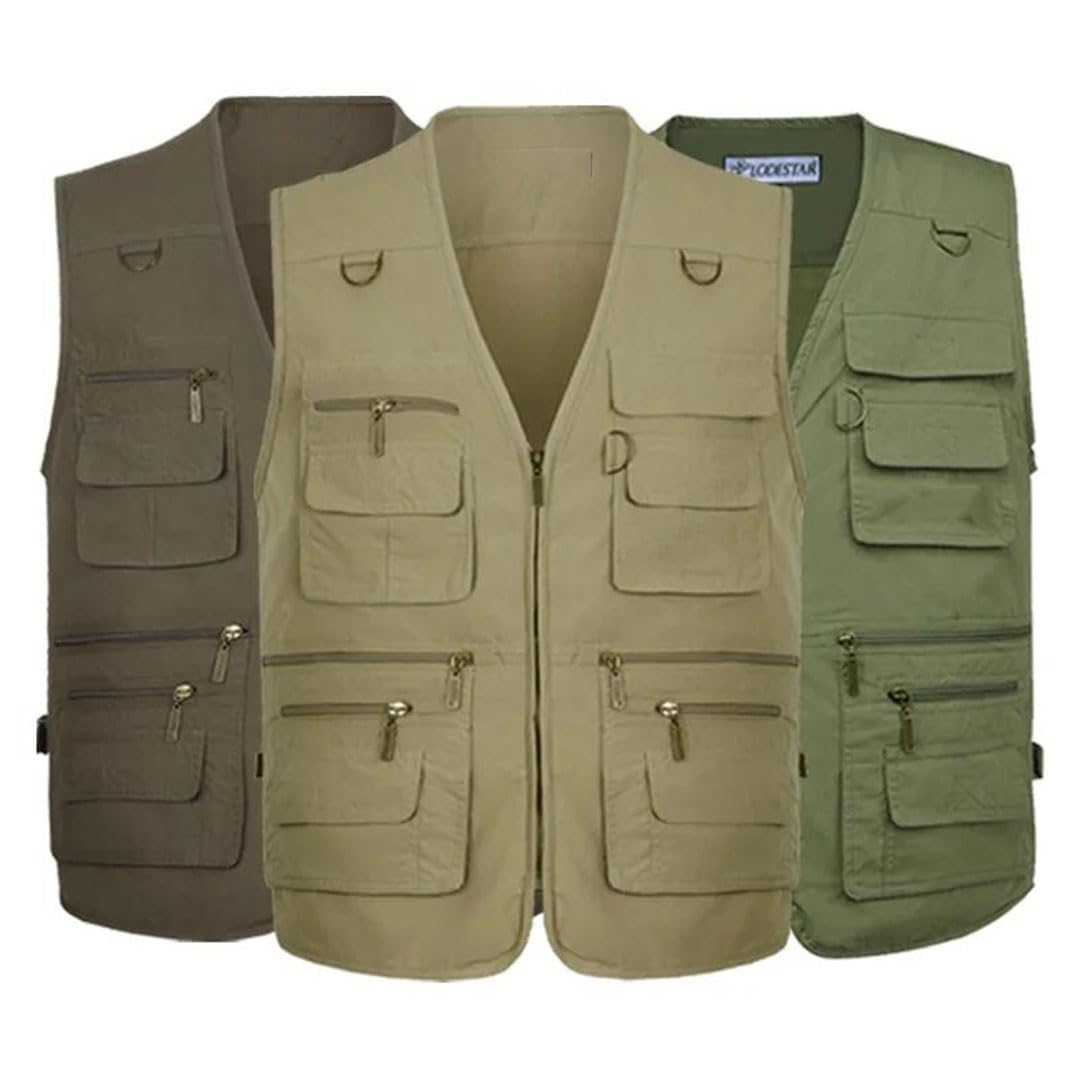 Chalecos de pesca sueltos de malla para hombre, con cremallera y múltiples bolsillos, de secado rápido, para exteriores
