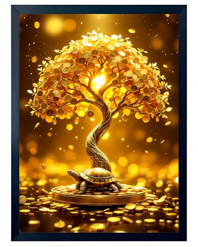 Image of ARTFUL TOY BOX - Golden Money Tree with Feng Shui Turtle Photo Frame Wall Art for Home Decor | Wealth Growth, Stability & Prosperity Vastu & Feng Shui Wall Decor | HD Glossy Print | Premium Fiber Black Frame - 12x18 Inch (30x45 cm) (Design 3)
