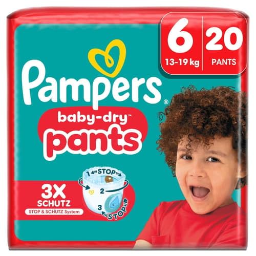 Pampers Baby-Dry Pants Größe 6, 20 Windeln, 13 kg - 19 kg, 360 ° Halt, um Gähnen und Auslaufen zu vermeiden