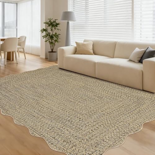 Garvee Printed Rug (Not Woven!) 8x10 Area Rugs for Living Room Non-Slip Washable Rugs, Scalloped Large Carpet, Stain Resistant Ultra-Thin Foldable Flo