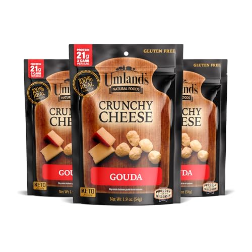 Umland’s Crunchy Cheese – Gouda (3 × 1.9 oz Bags) | 100% Real Wisconsin Cheese, Keto, Low‑Carb, High‑Protein, Gluten‑Free, Shelf‑Stable Snack