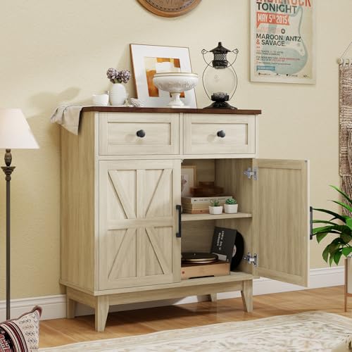 Farmhouse-Storage-Cabinet-with-Barn-Doors-and-Drawers-Freestanding-Kitchen-Pantry-Cabinet-Floor-Cabinet-Buffet-Sideboard-for-Bathroom-Entrance-Area-Living-Room-Walnut-White Farmhouse Storage Cabinet with Barn Doors and Drawers Freestanding Kitchen Pantry Cabinet Floor Cabinet Buffet Sideboard for Bathroom Entrance Area Living Room Walnut White
