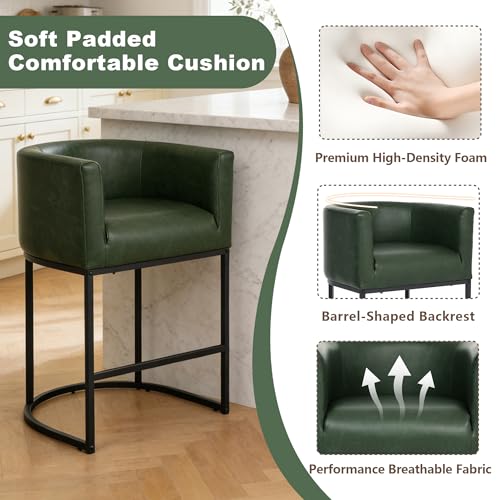 Image of 26 inch Counter Height Bar Stools Set of 3, Faux Leather Upholstered Barrel Chairs with Back and Arms, Metal Frame Kitchen Island Stools with Footrest, Forest Green
