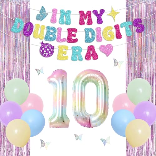 Image of 10th Birthday Party Decorations In My Double Digits Era Banner 10th Balloons Colorful Glitter Double Digits Party Supplies