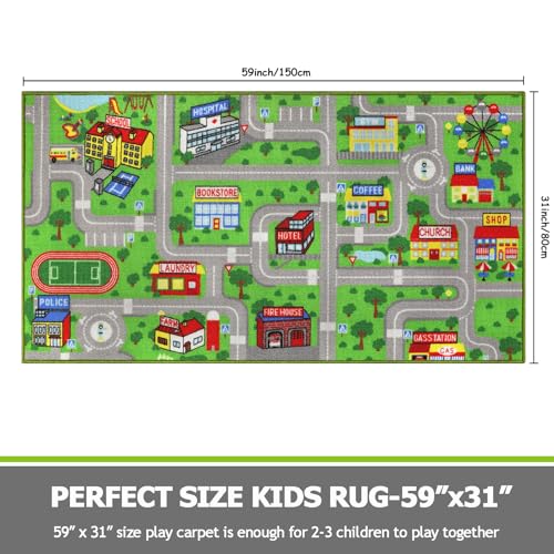 Image of Capslpad Green Car Road Kid Rug Carpet Playmat for Playoom Traffic Road Kids Play Mat for Toddler Non Slip Washable City Map Race Track Carpet Rug for Kids Room Bedroom Nursery Room Decor,5'x2.7'