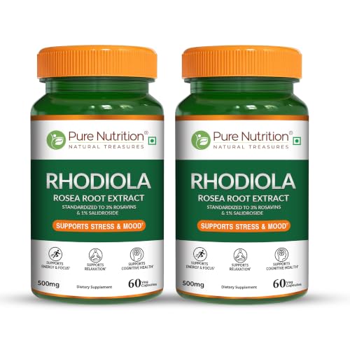Image of Pure Nutrition Rhodiola Rosea Root Extract (500mg) - 120 Veg Capsules (60x2) | Standardized to 3% Rosavins & 1% Salidroside | Supports Energy, Focus, Relaxation & Cognitive Health