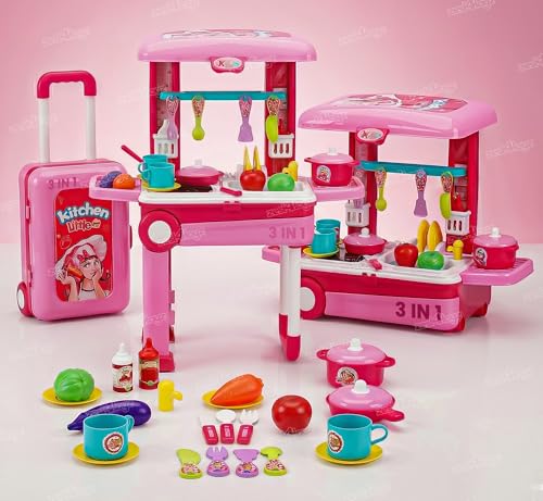 Image of Zest 4 Toyz Kitchen Set for Girls | Light & Sound Portable Trolley 18 pcs Kitchen Toys for Girls | Big Cooking Set for Kids | Battery Operated Pretend Play Toys | Birthday Gifts for Kids - Pink