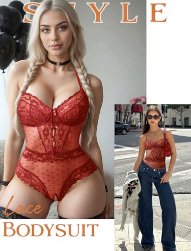 Image of Avidlove Women Sexy Lingerie Sheer Lace Bodysuit V Neck Teddy Lingerie One Piece Mini Babydoll