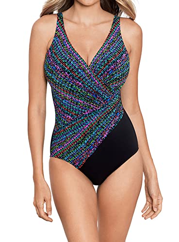 Miraclesuit Women's Swimwear Stitch It Colorblock Oceanus V-Neck Soft Cup One Piece Swimsuit, Multi, 18 #TOP1