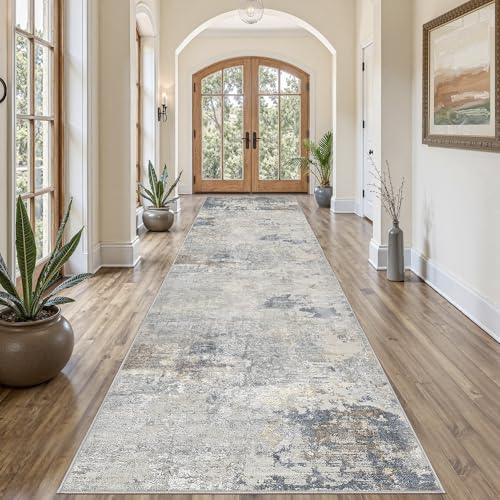 3X12 Washable Runner Rug for Hallway: Soft Neutral Modern Abstract Area Rug - Non-Slip Low Pile Long Throw Indoor Carpet for Kitchen Entryway Kitchen Bedroom Laundry - Blue Grey