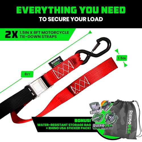 Image of Rhino USA Motorcycle Tie Down Straps (2 Pack) Lab Inspected 2,200lb Break Strength, Steel Cambuckle Tiedown Set with Integrated Soft Loops - Better Than a Ratchet Strap (Red 2-Pack)