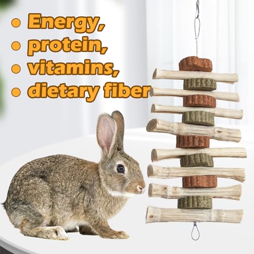Image of 4 PCS Rabbit Chew Toys for Teeth Grinding, Delicious Bunny Cage Hanging Chew Toys, Natural Sweet Bamboo Chew Sticks and Timothy Grass Cake Hay Treats Maintaining Healthy Teeth for Rabbits