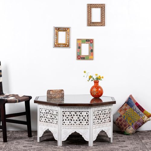 Image of Wooden Coffee Table for Living Room | Solid Wood Handcrafted Center Table for Living Room with Carved Jaali Design | Tea Table for Living Room Wooden Furniture for Home (White Distress)