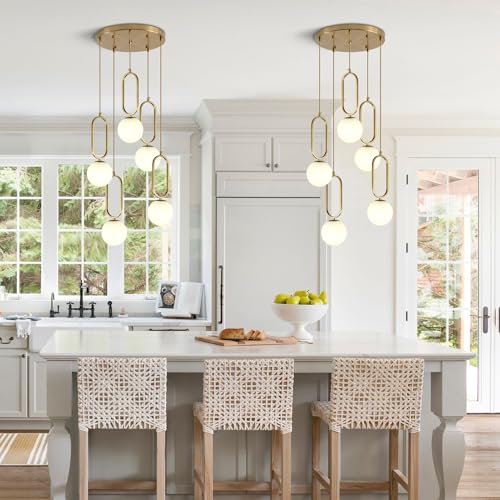 Image of Globe Pendant Lighting Modern Kitchen Island Lighting Gold Brushed Brass Hanging Light with Glass Shade, Adjustable Mini Ceiling Pendant Lamp for Bedroom Living Room Dining Room (D5006-5)