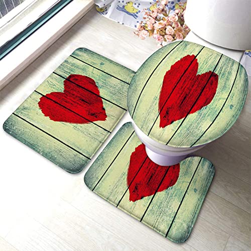 Badezimmerteppich-Set, 3-teilig, Herz auf rustikaler Holzwand gemalt, Romance Affection Pleasure, waschbare Badteppiche, rutschfest, mit Rückenpolster, Konturteppich und Toilettendeckelbezug