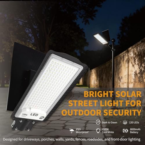JINXING Solar Street Light Outdoor, Dusk to Dawn Security Light, 120 LED 6500K Solar Powered Outdoor Lights, IP65 Waterproof Wall or Pole Mounted Light for Street, Yard, Porch, Garden, Front Door — view 2