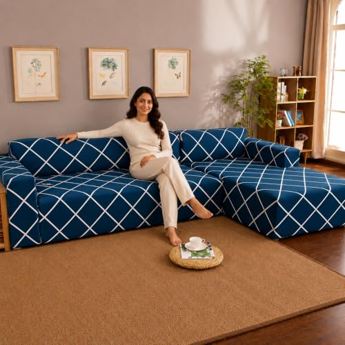 Image of Gifts Island Premium 160GSM Super Soft Peacock Grill Stretchable Sofa Cover L Shape 7 Seater Fully Covered | Suitable for Both Left and Right Side Chaise Sofa (Peacock Grill, 4+3 Seater)