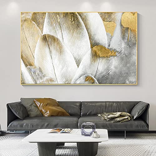 Toile abstraite plume dorée 60x80cm pour décoration murale de salon