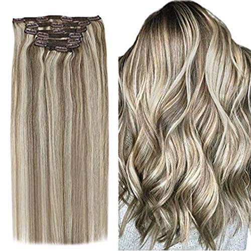 16inch Hair Extensions Clip in Highlight Light Brown Mix Platinum Blonde Double Weft Highlight Real Hair Clip in Extensions 100G 7Pcs