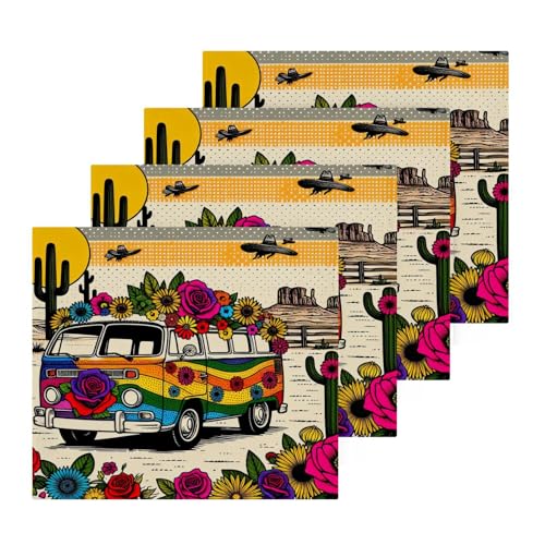 YANENDIE Western Desert Floral Bus Washcloths Towels, Highly Absorbent and Soft Cotton Face Cloths, 4 Pack Quick Dry Wash Cloths - 12 X 12 Inches