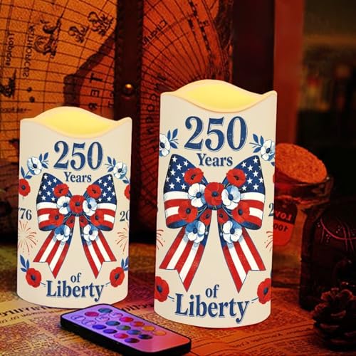 Image of 250 Years of Liberty Electric Flameless Candles Bow Flowers LED Battery Operated Remote 250th Anniversary Fourth of July Lamp Patriotic Decor for Home Patio Celebration Set of 4