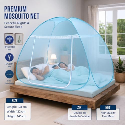 Image of Mosquito Net for Double Bed | King Size Foldable Machardani | 6 x 6 Feet Polyester 30GSM Strong Net |PVC Coated Corrosion Resistant Steel Wire Sky Blue (Rate)