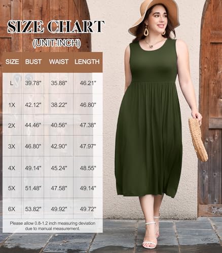 Image of LARACE Women's Plus Size Sleeveless Maxi Dress Casual Crew Neck Pleated Flowy Long Dresses with Pockets L-6XL
