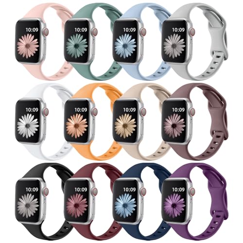 Lerobo 12 Pack Slim Thin Bands Compatible with Apple Watch 38mm 40mm 41mm 42mm 44mm 45mm 46mm 49mm Women Men, Narrow Soft Sport Strap Wristband for iWatch Series 11/10/9/8/7/SE/6/5/4/3/2/1/U