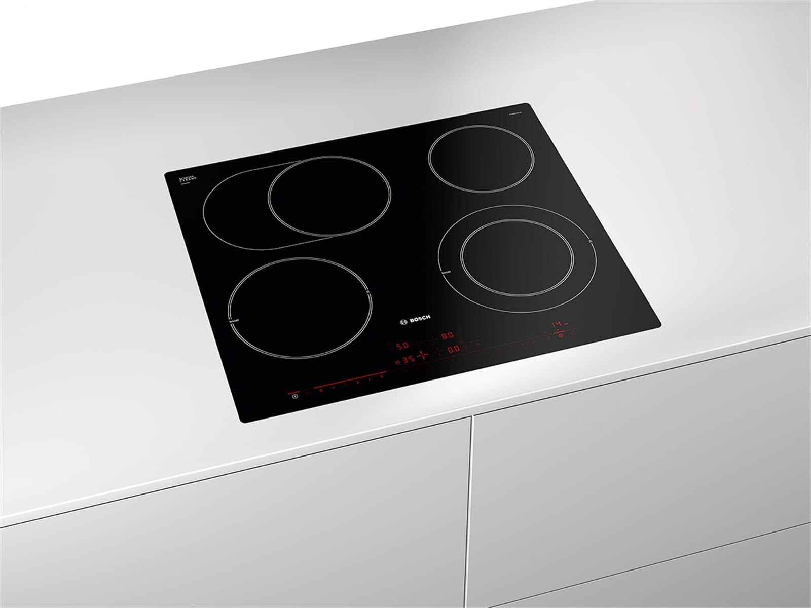 Bosch PKN601DP1D Série 8 Plaque de cuisson vitrocéramique (autosuffisante), 60 cm de large, fabriquée en Allemagne, zone de cocotte pour grands ustensiles de cuisine, PowerBoost, cuisson plus rapide,
