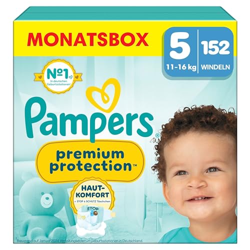 Pampers Premium Protection Größe 5, 152 Windeln, 11kg-16kg, Doppelter Schutz für die Haut und vor Auslaufen