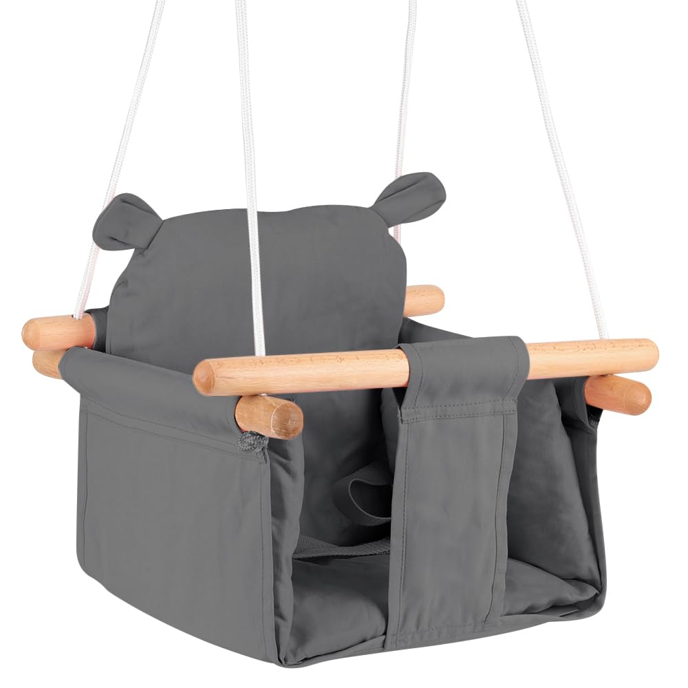 Homewell - Columpio interior para bebé y niños, asiento columpio de madera y algodón para bebé, columpio escandinavo para desarrollo vestibular, Baby Swing (gris oscuro)