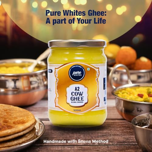 Image of Pure Whites A2 Cow Ghee 500 ml | Traditional Bilona Method | Homemade Organic Fresh Ghee Cow Milk | Danedar Texture & Rich Aroma | Lactose Free, Pure, Natural & Healthy | Rich in Omega 3 and 6