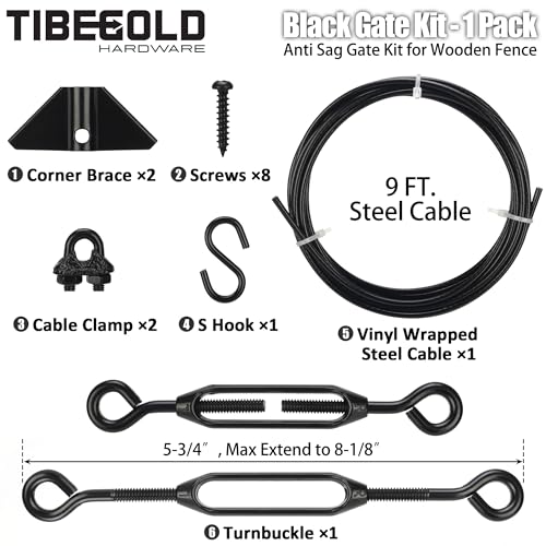 Image of Anti Sag Gate Kit for Wooden Fence, Black Gate Support Cable Kit, Gate Sag Frame Kit Hardware, Anti-Sagging Fence Gate Kit Hardware, Wood Gate Repair Kit for Outdoor, 1 Pack