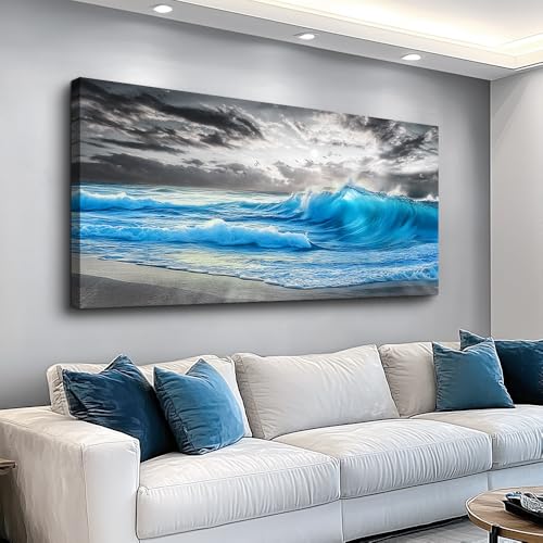 PHAOHUAXM Large Canvas Beach Wall Pictures Artworks Wall Decor For Living Room Canvas Wall Art For Bedroom Office Decorations Blue Sea Wave Ocean Paintings Modern Inspiration Home Decor 30x60 In