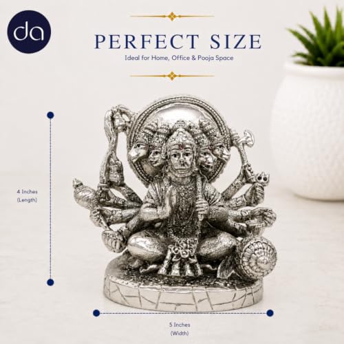 Image of 999 Silver Plated Panchmukhi Hanuman ji Idol - 5 Inch | Five Faced Lord Hanuman Statue for Home Pooja Room & Office Desk | Vastu & Home Decor Gift