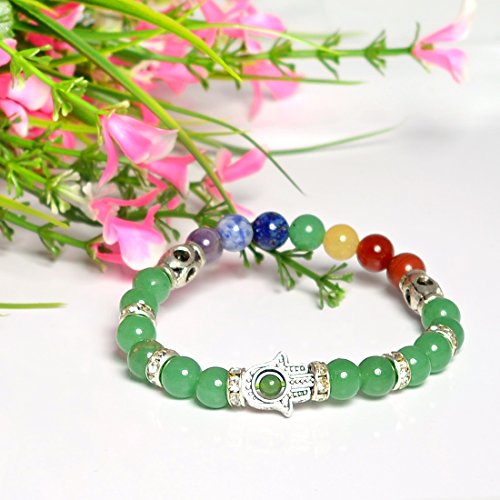 Image of Reiki Crystal Products Certified Natural Crystal Stone 7 Chakra with Hamsa 8 mm Round Beads Bracelet for Men & Women | Reiki Charged Gemstone Bracelet | Multiple Stone Variants Available