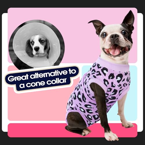 Image of FUAMEY Recovery Suit for Dogs After Surgery,Soft Breathable Dog Bodysuit E-Collar & Cone Alternative Surgical Suit,Male Female Dog Neuter Spay Suits Anti Licking Wounds Onesie Purple Leopard L