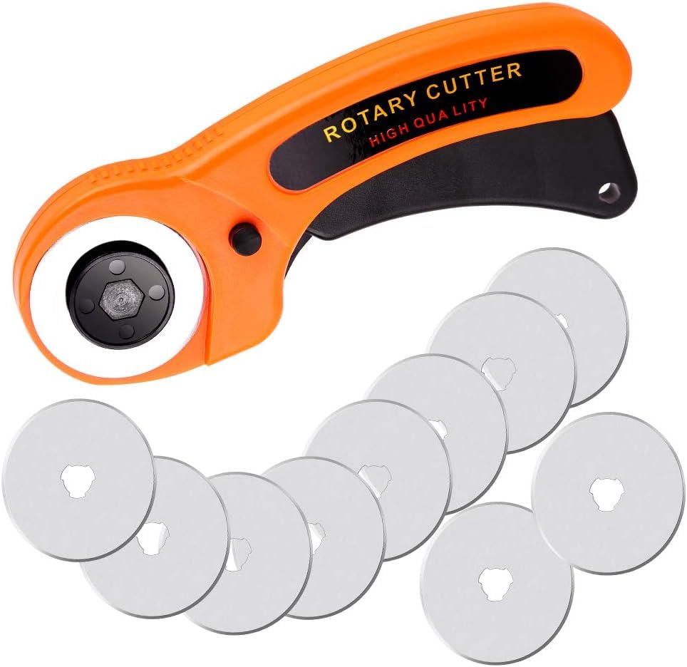 Rotary Cutter, Fabric Rotary Cutter with Safety Lock, Includes 10 Extra 45mm Blades, Rotary Cutting Tool for Fabric, Cards, Clothing Making