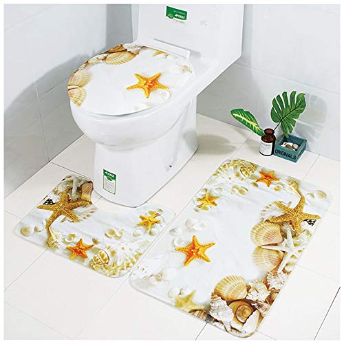 LAOSHIZI Alfombrillas de baño Suave Antideslizante Playa Estrella de mar Juego de alfombras de baño de 3 Piezas Cáscara 4 Cover