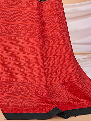 Image of AKHILAM Women's Ajrak Block Print Soft Dola Silk Saree With Unstitched Blouse Piece
