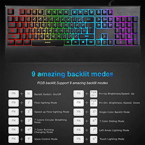 Gaming Keyboard and Mouse Combo, MFTEK RGB Rainbow Backlit Gaming Keyboard and Illuminated Gaming Mouse Set, Programmable Keyboard with Wrist Rest for Gaming Office Working - Thumbnail 2