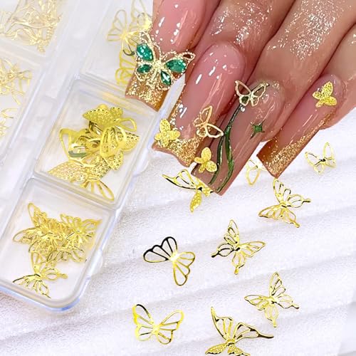 6 Grids Butterfly Nail Charms 3D Gold Nail Art Charms Shiny Cute Butterflies Nail Rhinestones Luxury Butterfly Nail Gems Alloy Nail Jewelry Decoration for Women DIY Acrylic Nails