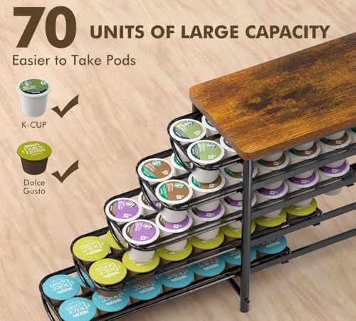 Image of HFHOME Coffee Pod Holder with Wooden Top, Compatible with K-Cups, 5-Tier Coffee Capsule Storage Drawer, 70 Capacity Pods Organizer with 3 Mug Holders, for Home, Office, Kitchen Counter, Black